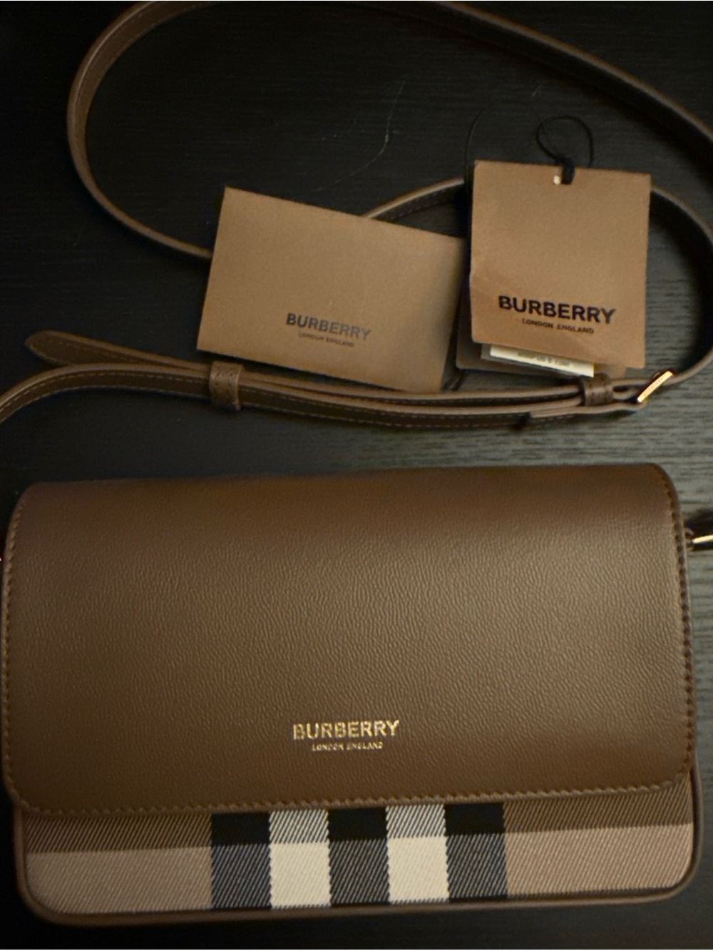 Burberry Crossbody Hampshire House Check Derby Tan